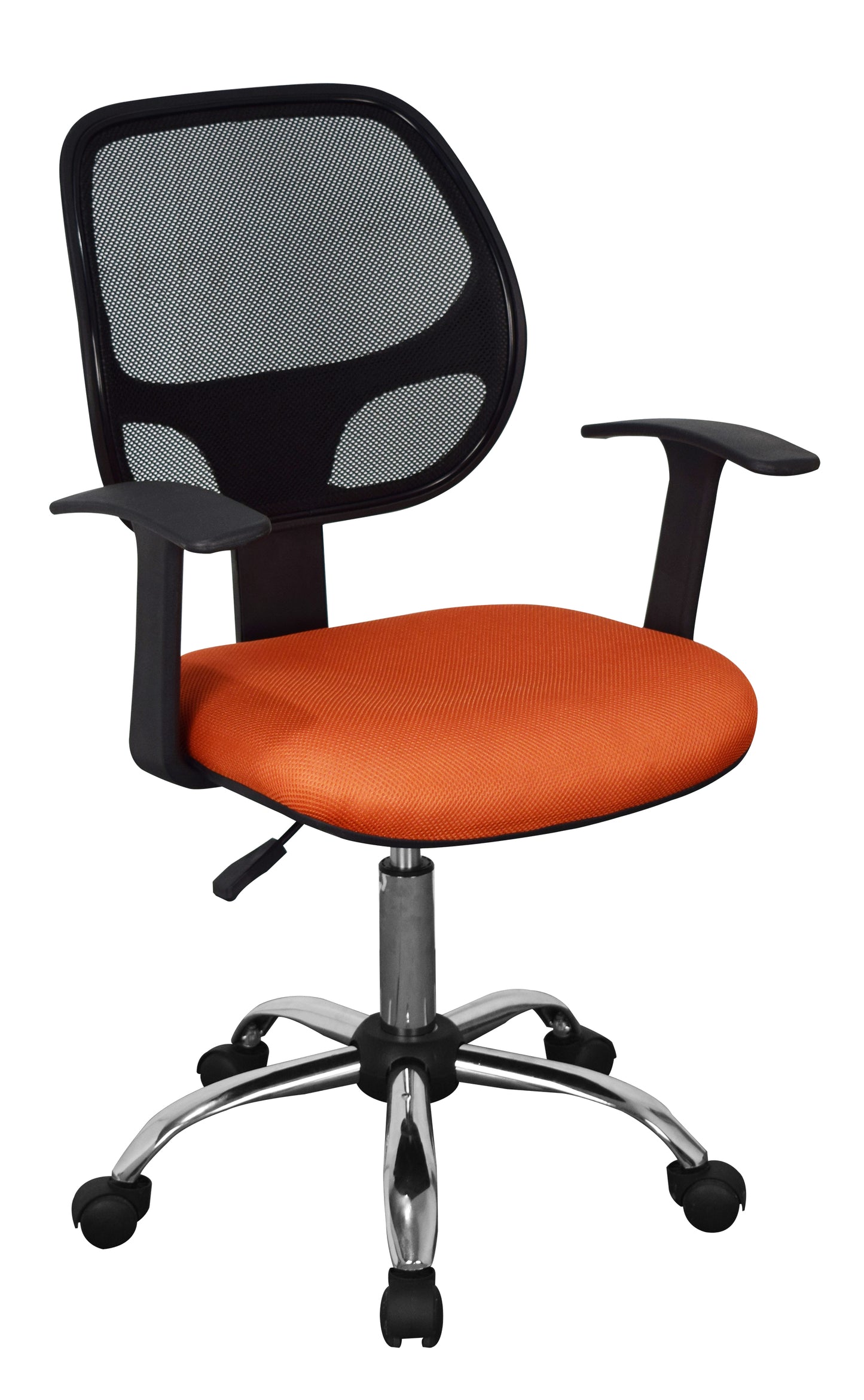 home office chair in black mesh back, orange fabric seat with chrome base