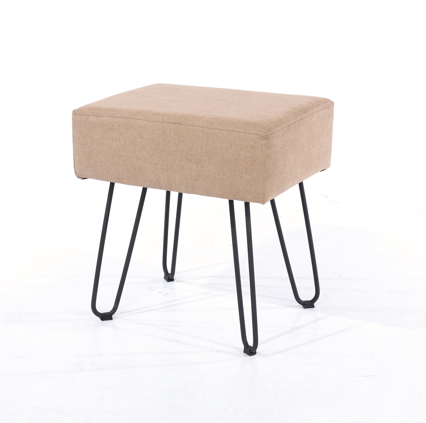 sand fabric upholstered rectangular stool with black metal legs