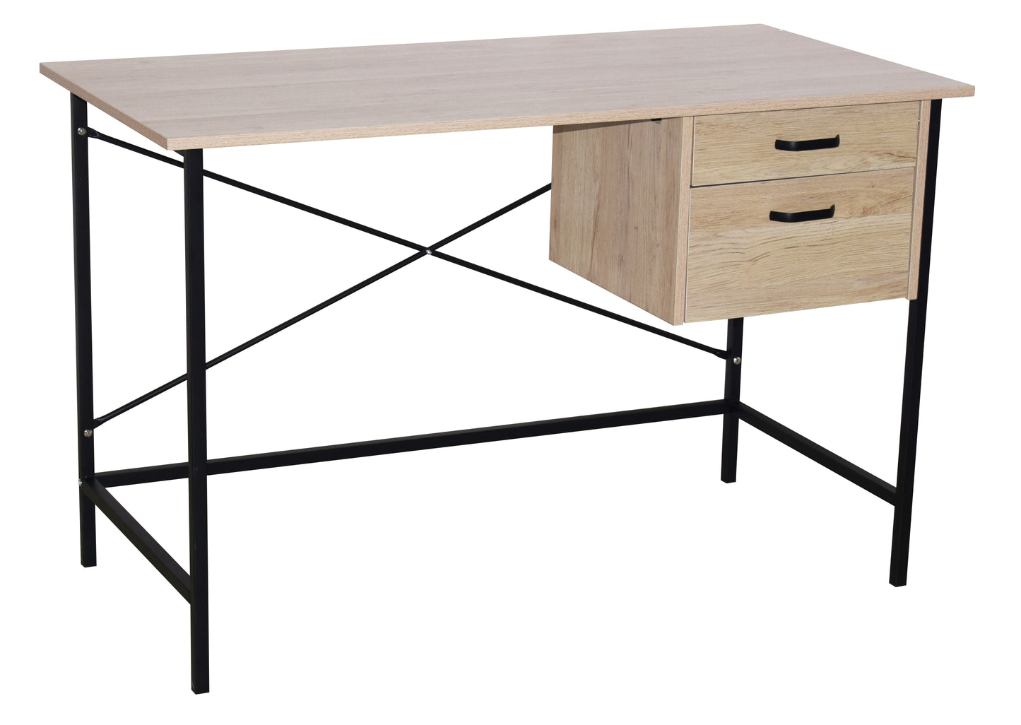 2 drawer desk with oak effect and grey metal legs