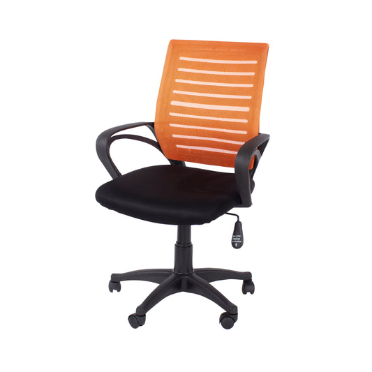 study chair with arms, orange mesh back, black fabric seat & black base