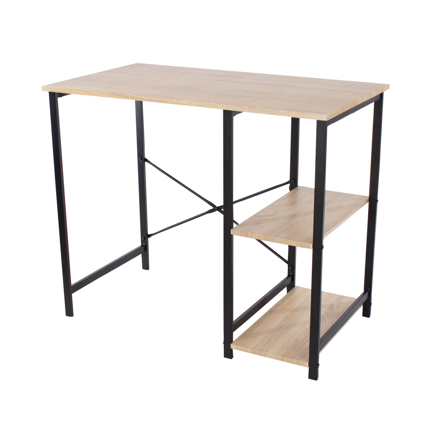 study desk with side storage, oak effect top with black metal legs