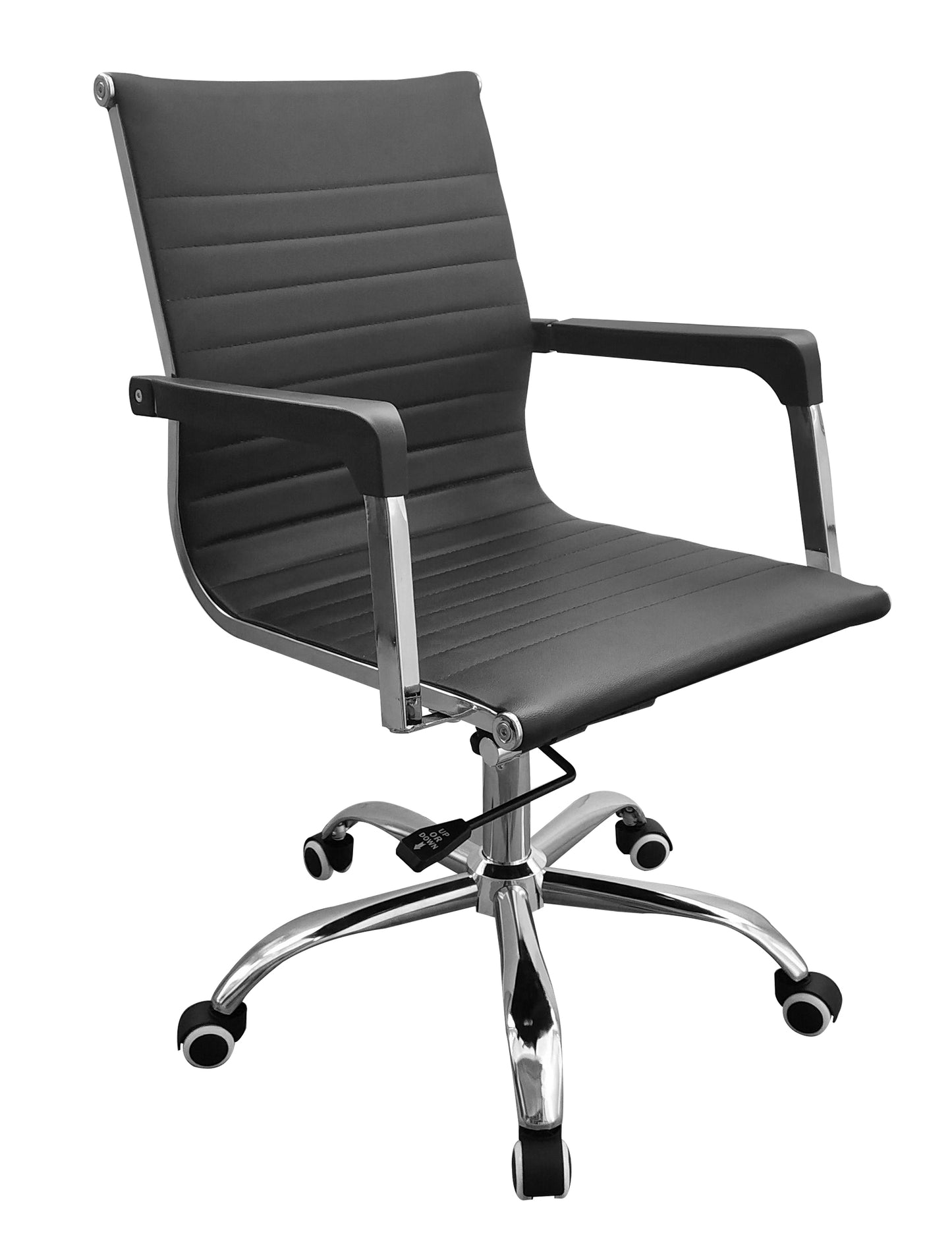 home office chair with contour back in black faux leather with chrome base