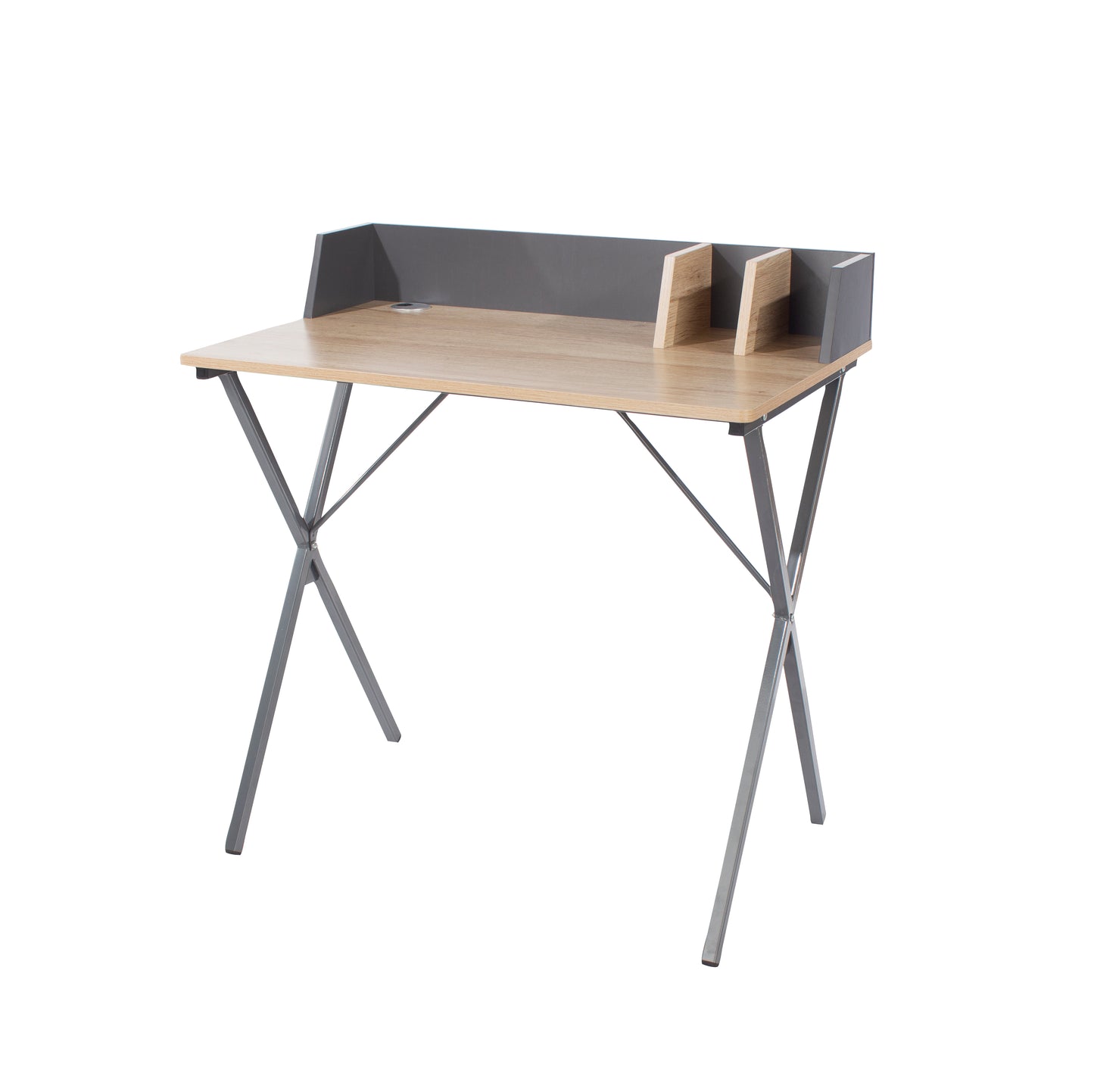 study desk, oak effect top with grey metal cross legs