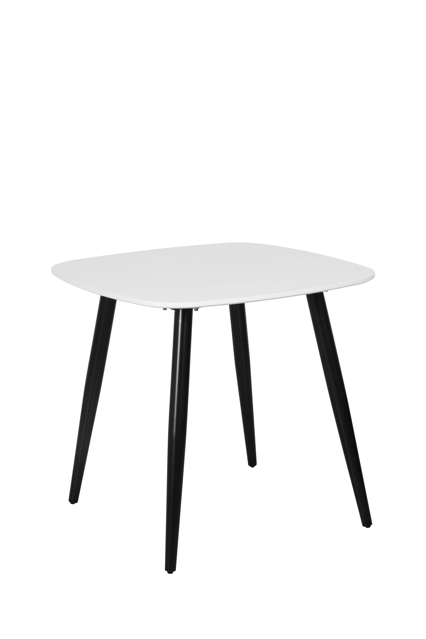 square dining table, white painted top with black tapered legs