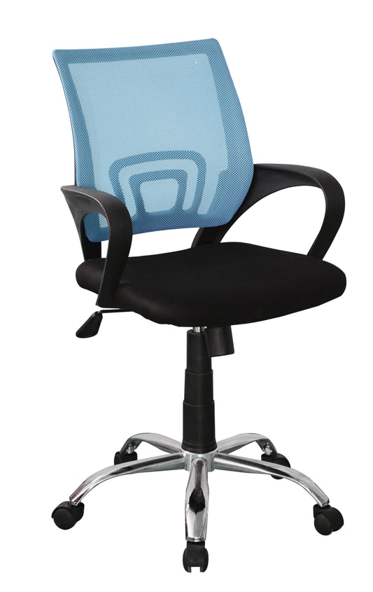 study chair in blue mesh back, black fabric seat & chrome base