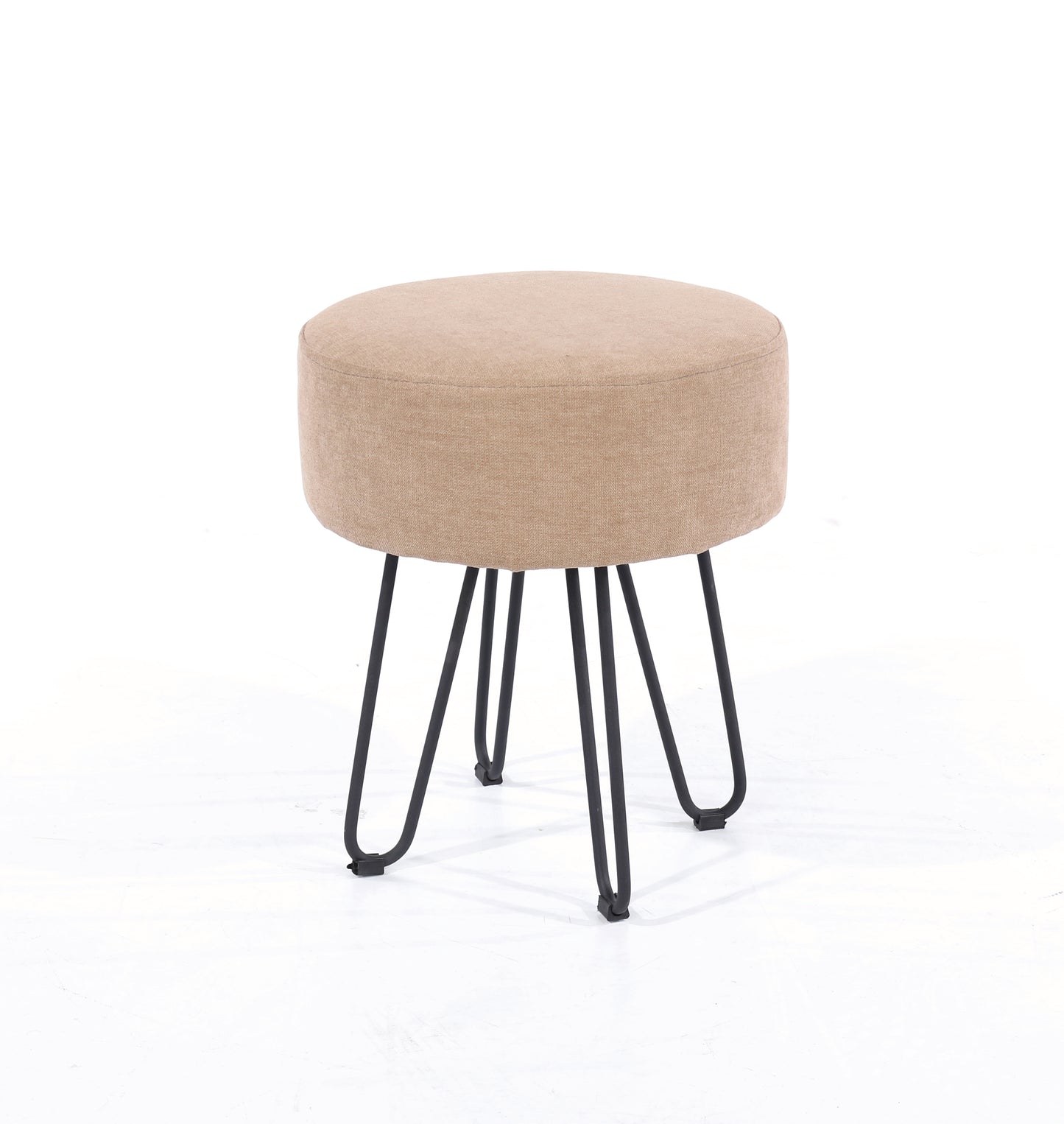 sand fabric upholstered round stool with black metal legs