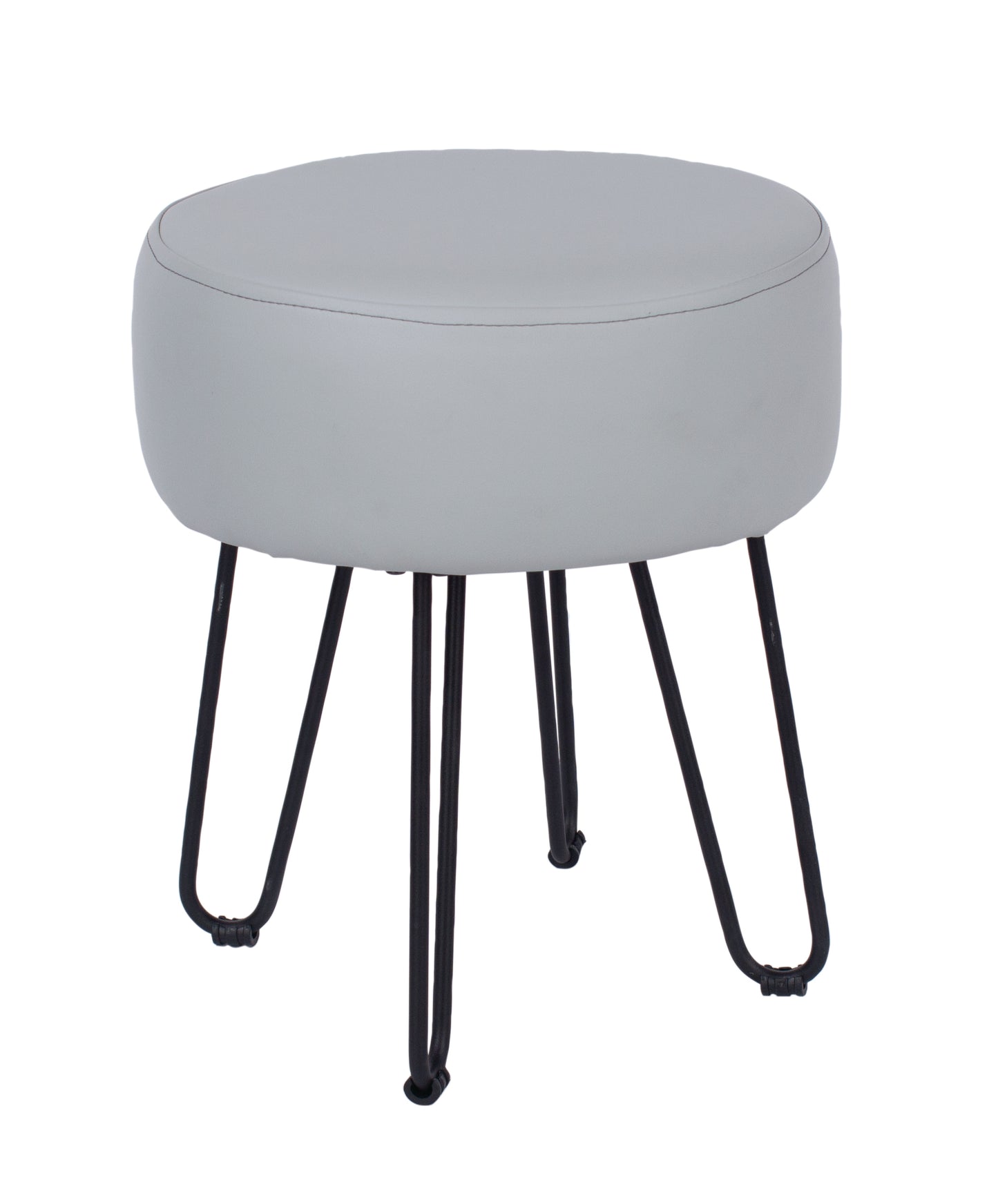 grey PU upholstered round stool with black metal legs