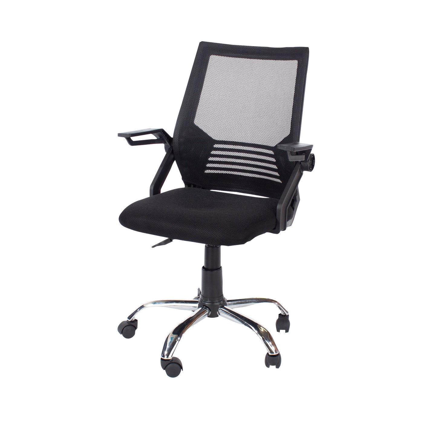 study chair with arms, black mesh back, black fabric seat & chrome base