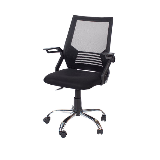 study chair with arms, black mesh back, black fabric seat & chrome base