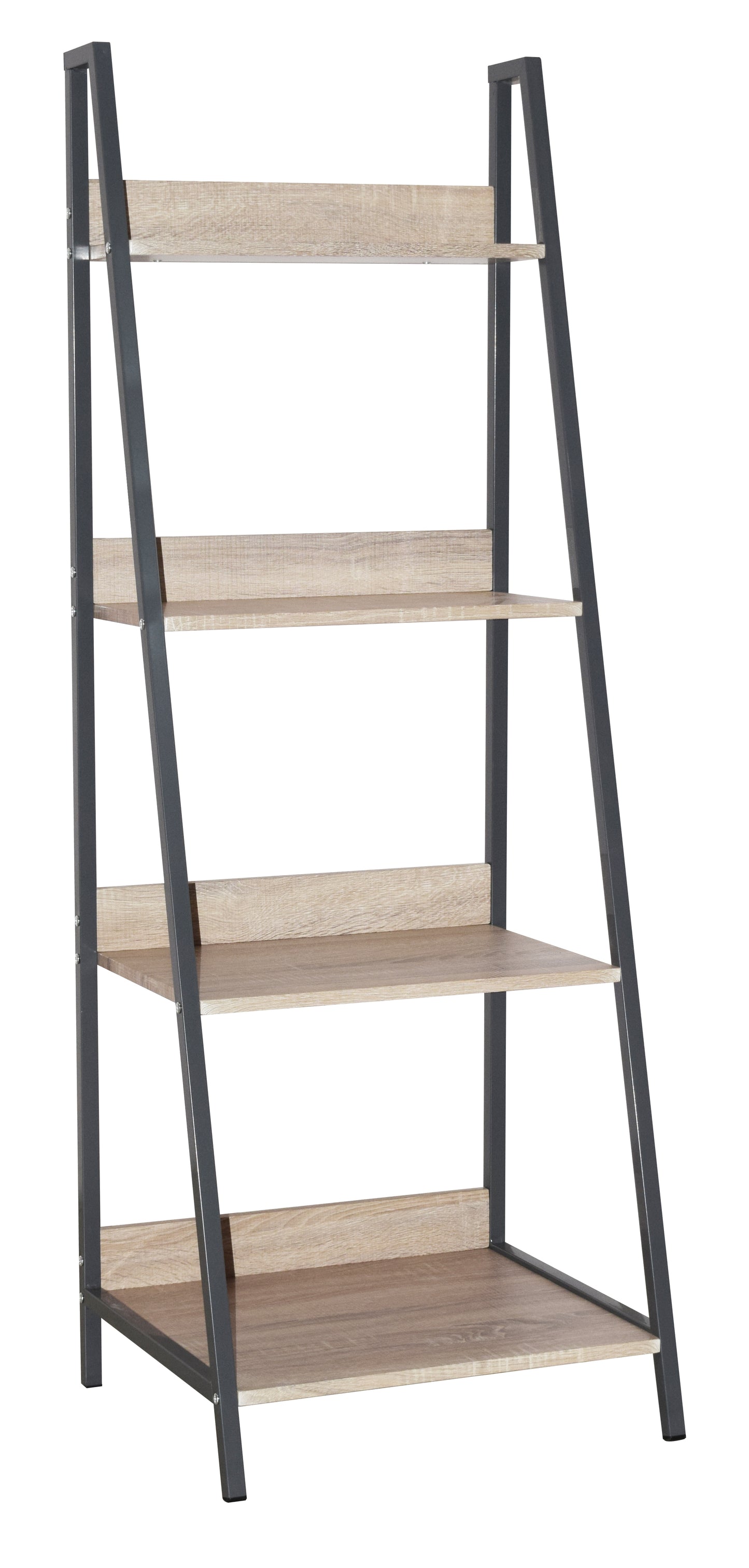 ladder bookcase unit with oak effect and grey metal frames